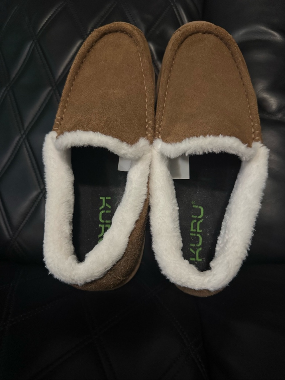KURU Tan Suede Slip-On Moccasin Slippers with White Fleece Trim